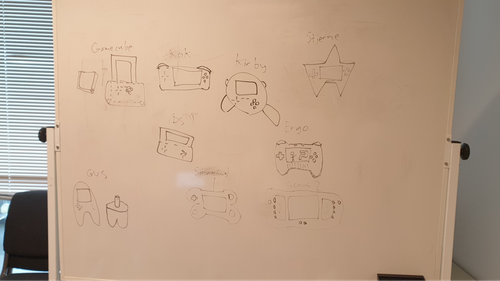 Whiteboard med tegninger av konsolldesign